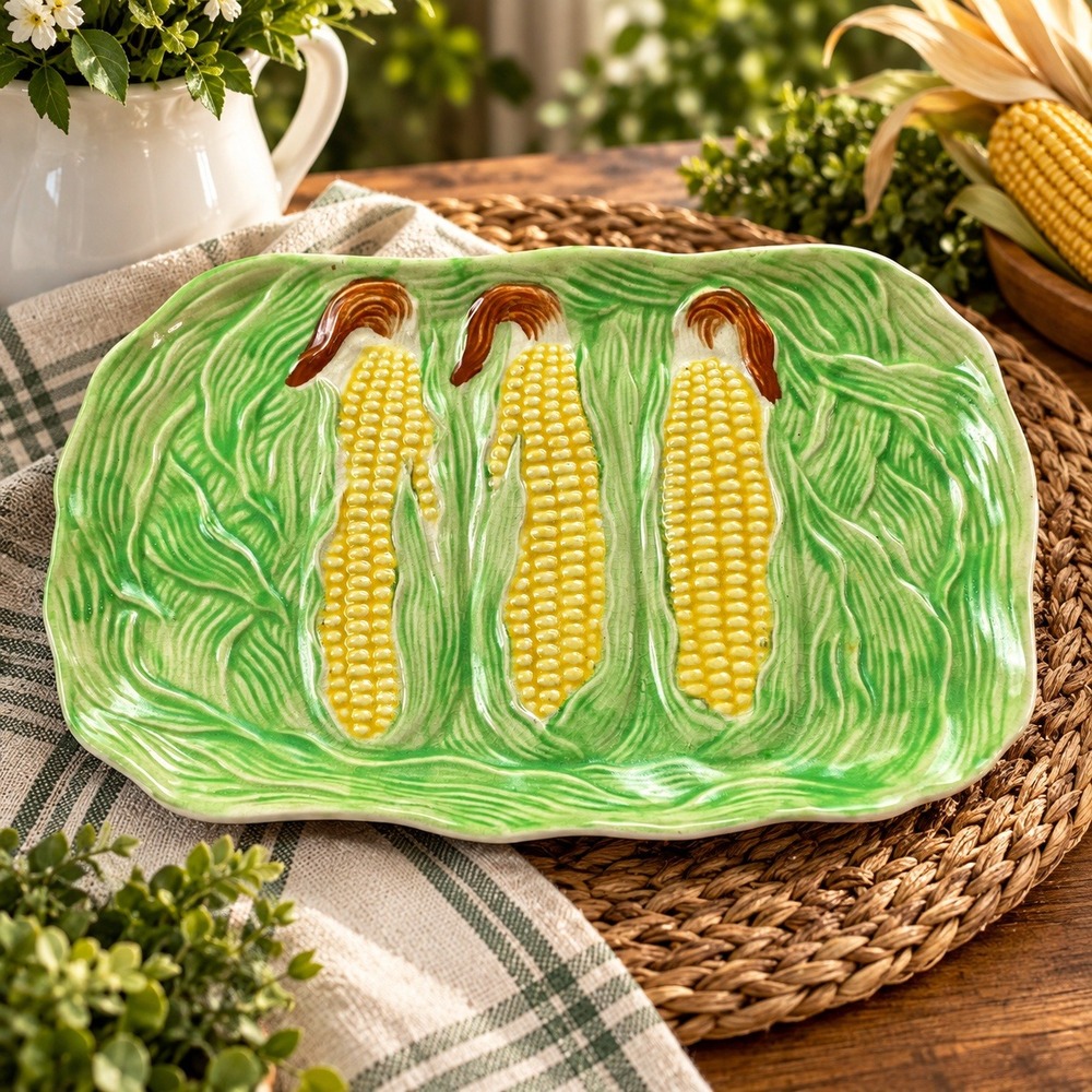 Vintage The Hinode Japan Corn on the Cob Ceramic Serving Platter Majolica Style